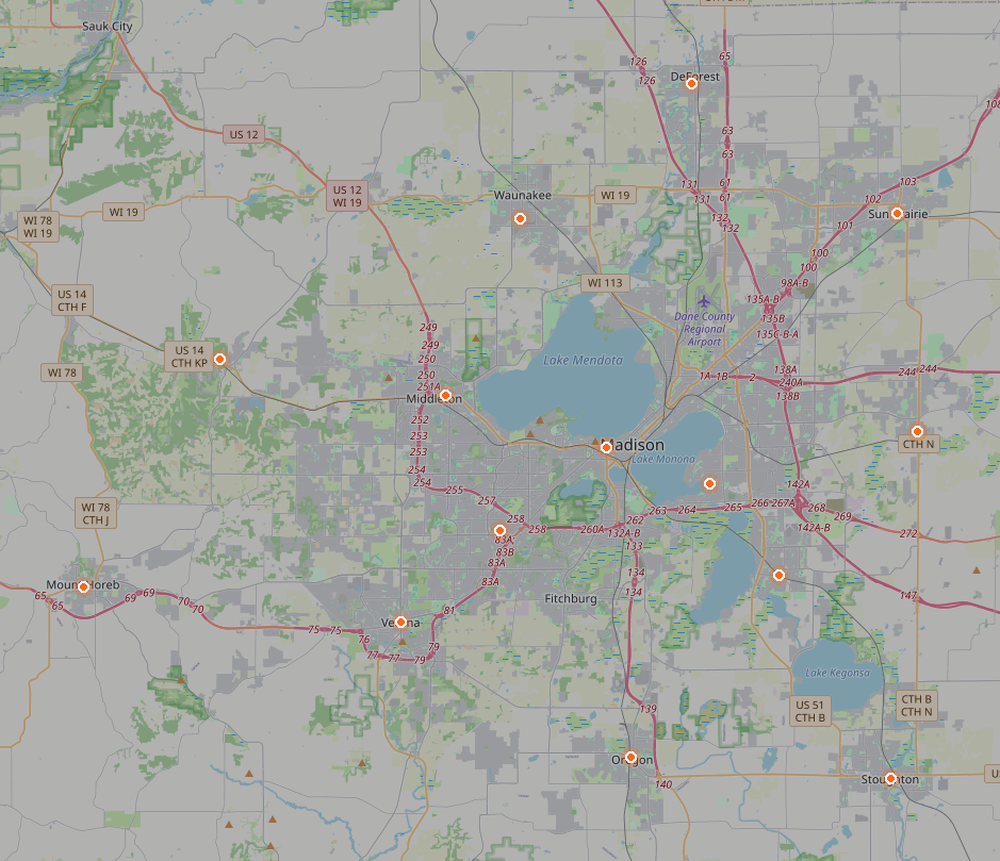 Map of Dane County, Wisconsin with Western Landscape's commercial snow coverage pinned across Madison, Verona, Middleton, Sun Prairie, Waunakee, Fitchburg, Stoughton, and more